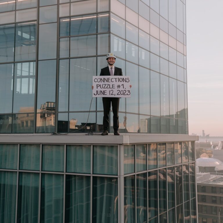 Man Holding Connections Sign on Top of Sky Scraper with a sign that says Connections Puzzle #1, June 12, 2023